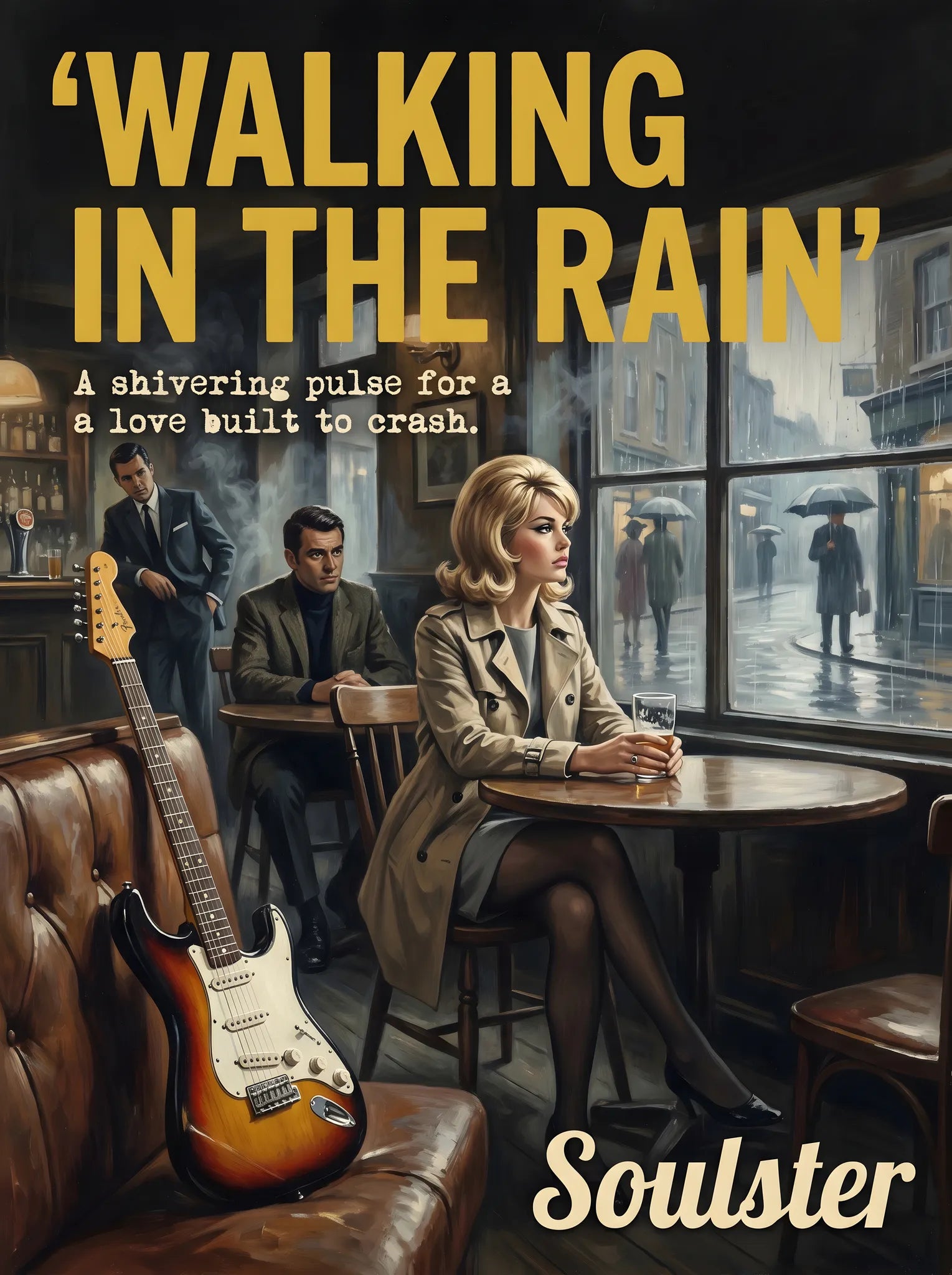 Soulster cinematic vintage pulp book cover art print illustration styled in a classic 1960s theme inspired by Walking In The Rain.