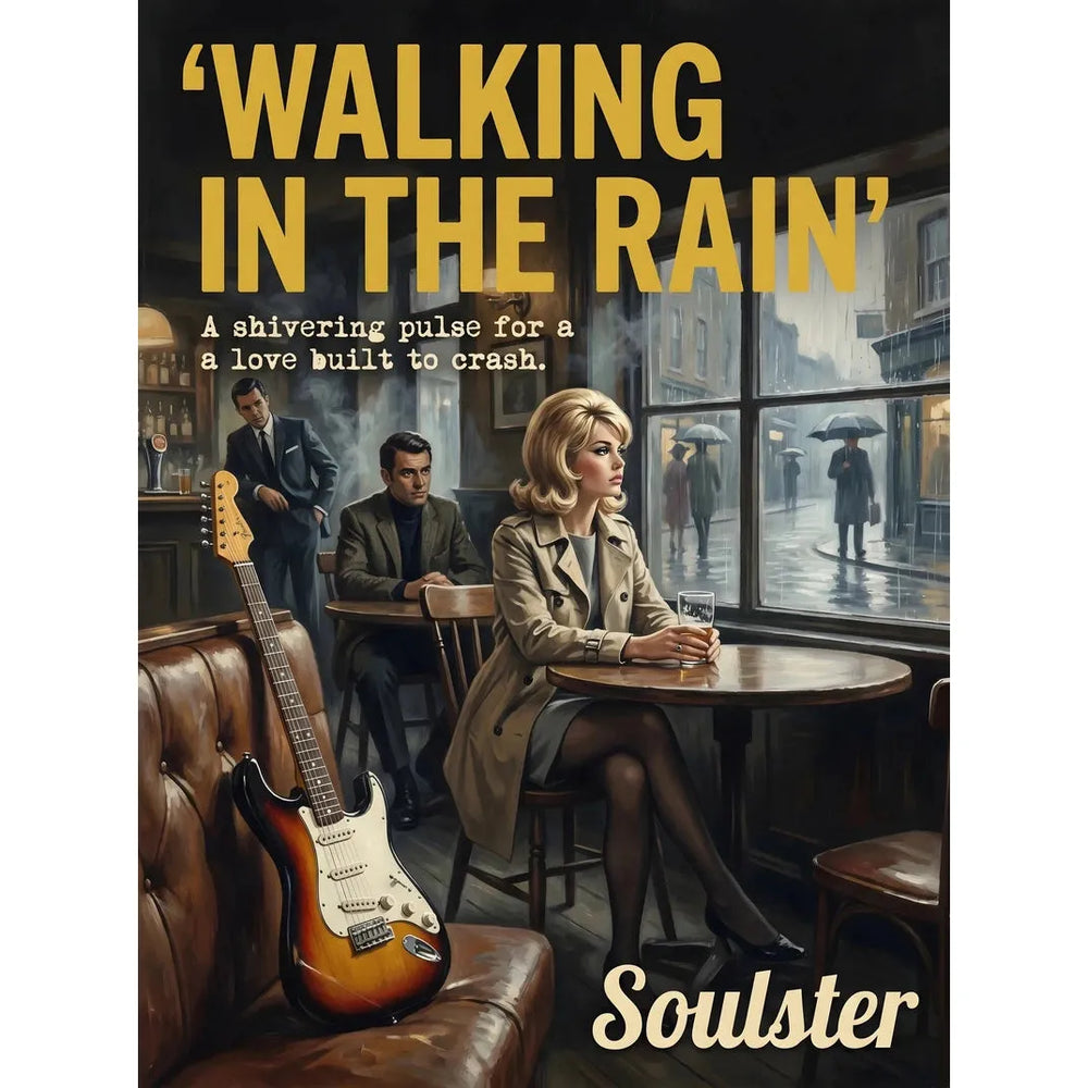 Soulster cinematic vintage pulp book cover art print illustration styled in a classic 1960s theme inspired by Walking In The Rain.