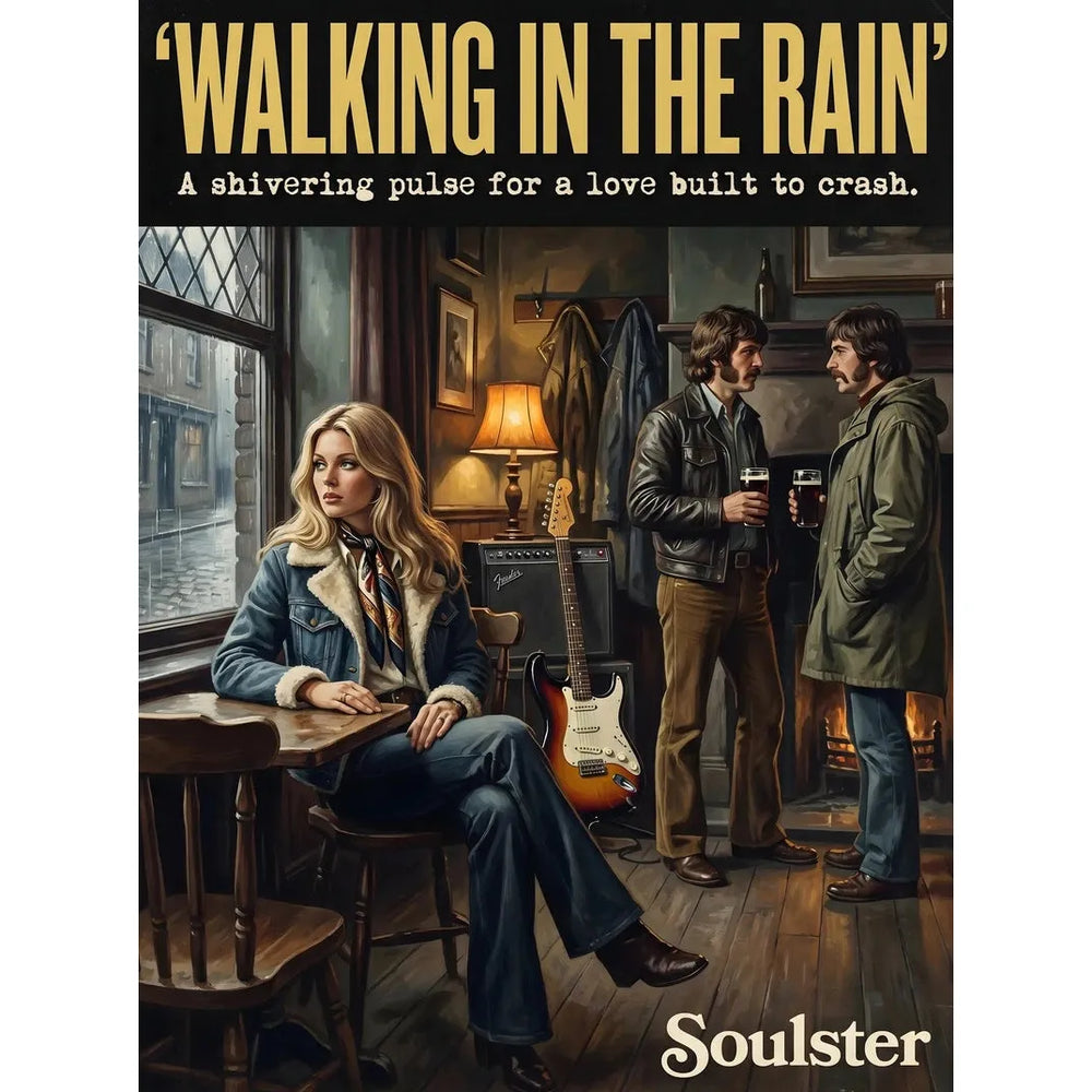 Soulster cinematic vintage pulp book cover art print illustration styled in a classic 1970s theme inspired by Walking In The Rain.