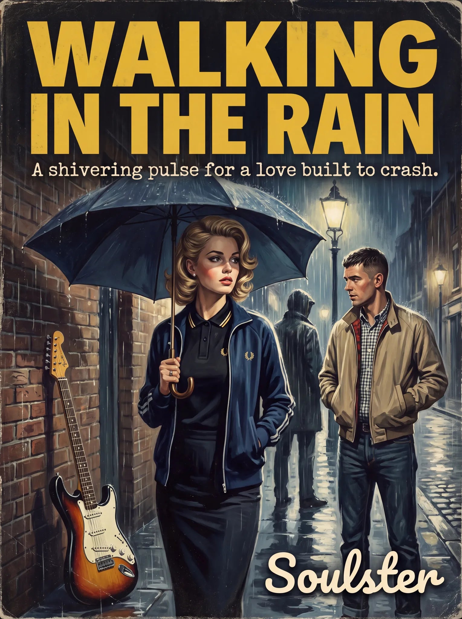 Soulster retro pulp thriller book cover style art print illustration inspired by Alternative Indie - Walking In The Rain.