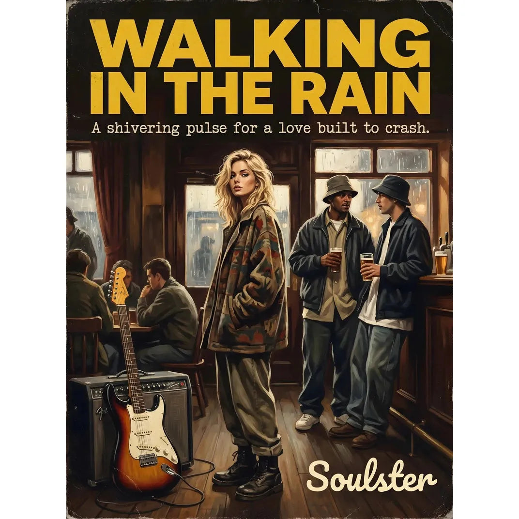 Soulster cinematic vintage pulp book cover art print illustration styled in a classic 1990s theme inspired by Walking In The Rain.