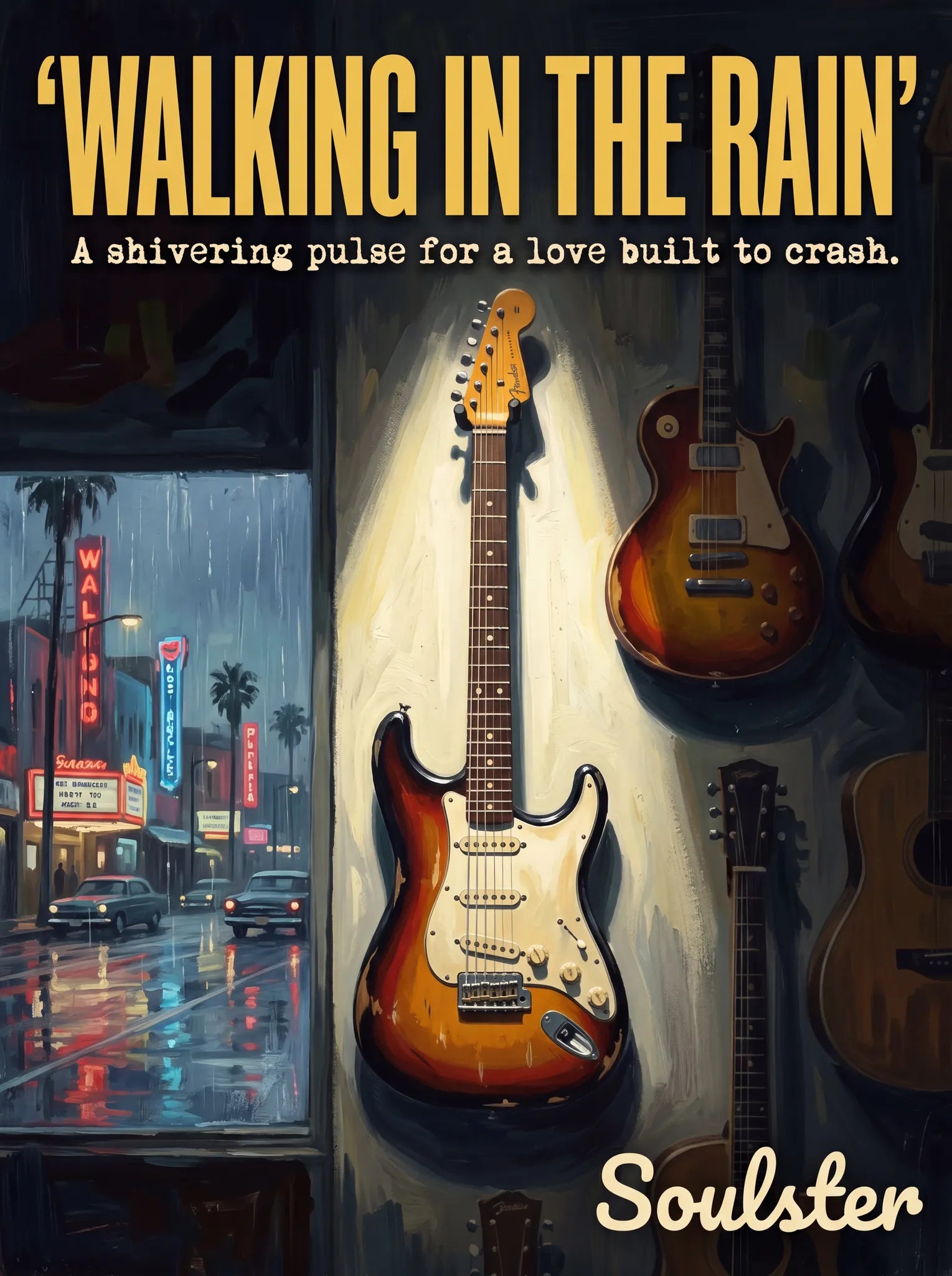 Soulster Manchester Edition wall art print showing a cinematic pulp style design of a Vintage Guitar inspired by Walking In The Rain - Los Angeles.