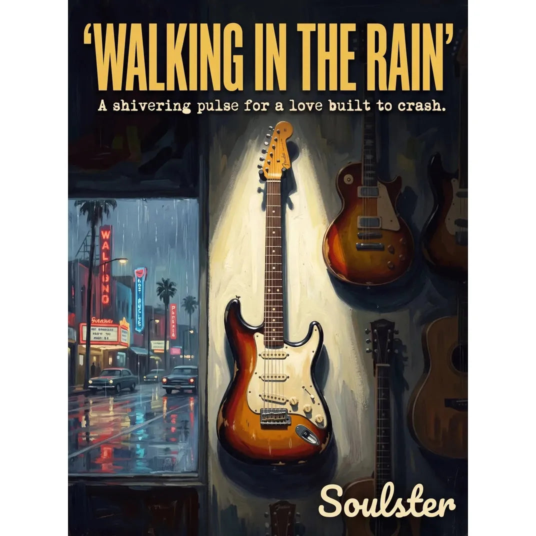 Soulster Manchester Edition wall art print showing a cinematic pulp style design of a Vintage Guitar inspired by Walking In The Rain - Los Angeles.