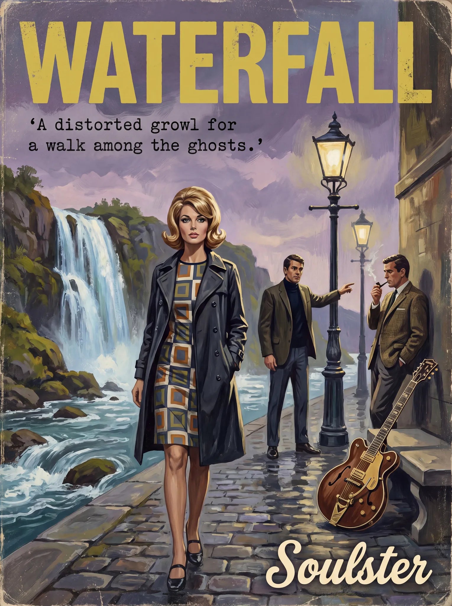 Soulster cinematic vintage pulp book cover art print illustration styled in a classic 1960s design layout inspired by Waterfall.