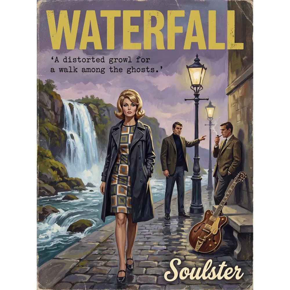 Soulster cinematic vintage pulp book cover art print illustration styled in a classic 1960s design layout inspired by Waterfall.