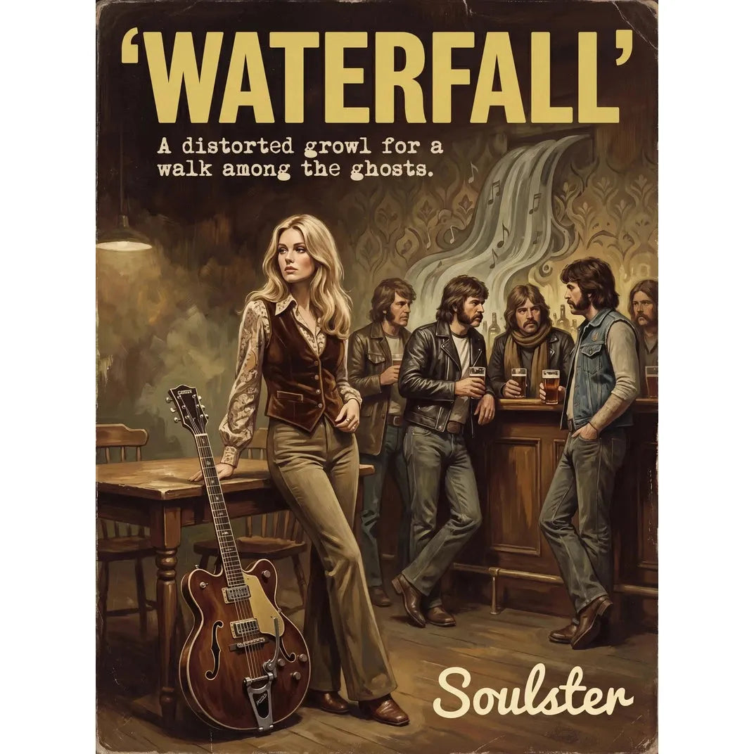 Soulster cinematic vintage pulp book cover art print illustration styled in a classic 1970s design layout inspired by Waterfall.