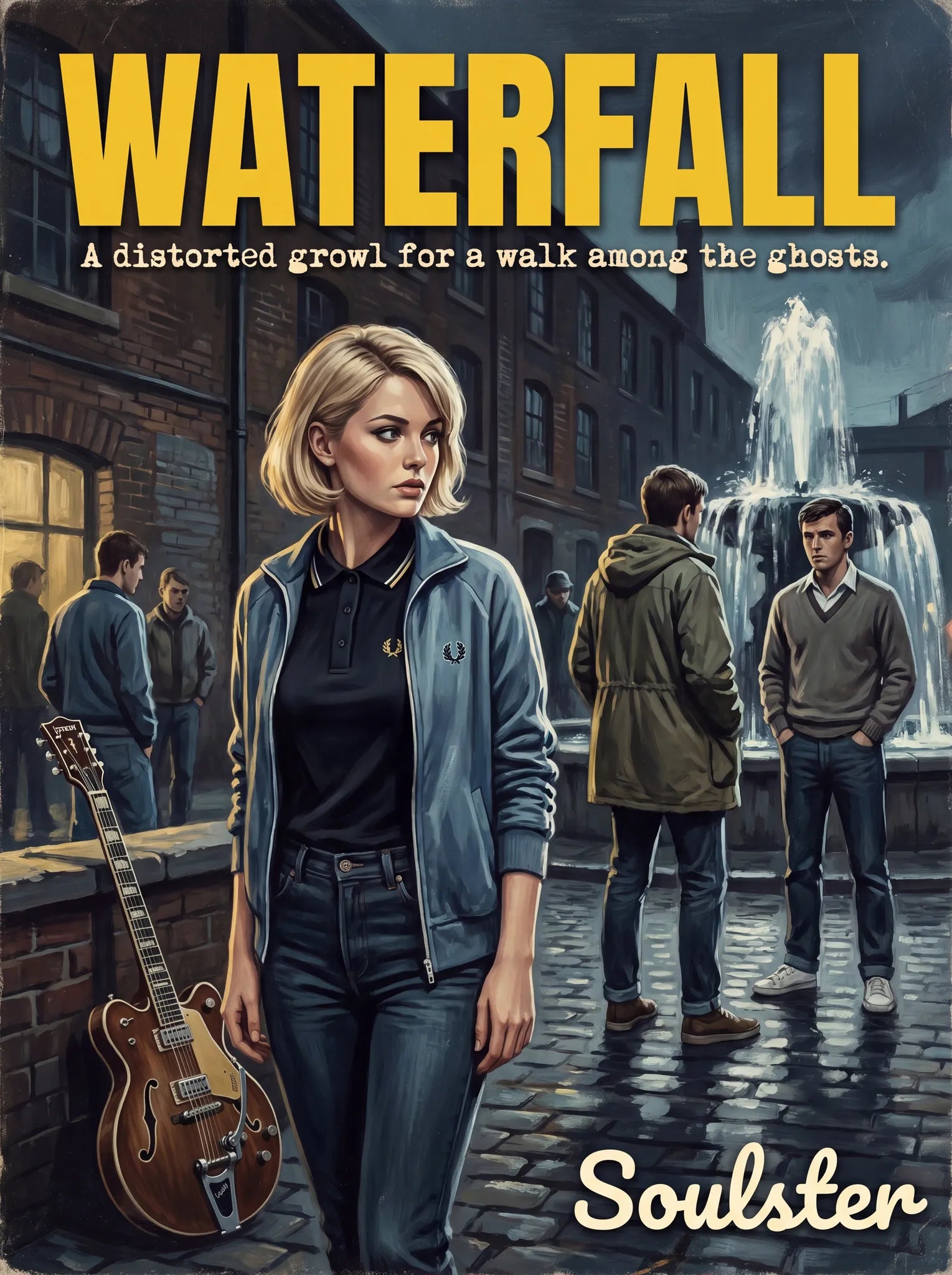 Soulster retro pulp thriller book cover style art print illustration inspired by The Stone Roses - Waterfall.