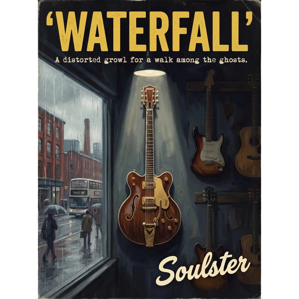 Soulster Manchester Edition wall art print showing a cinematic pulp style design of a Vintage Guitar inspired by Waterfall.