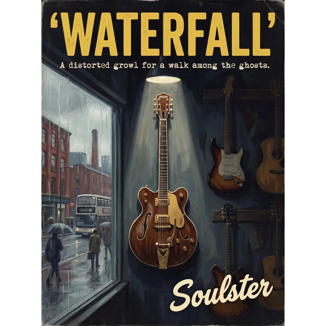 Soulster Manchester Edition wall art print showing a cinematic pulp style design of a Vintage Guitar inspired by Waterfall.