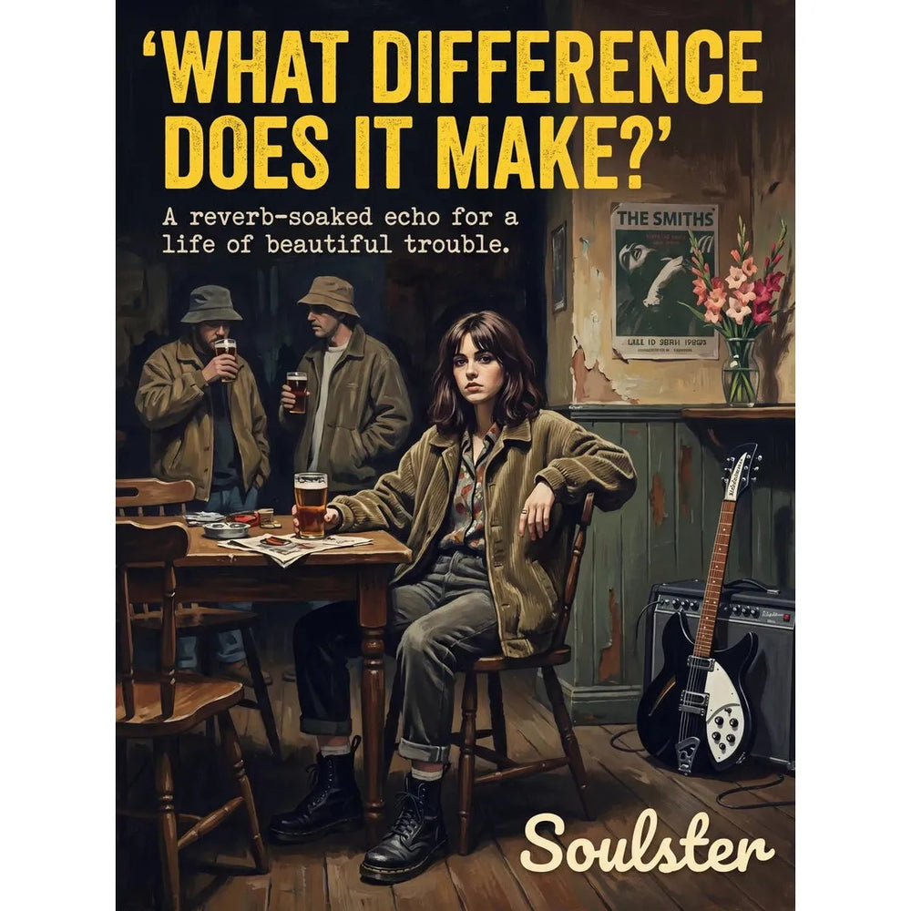 Soulster cinematic vintage pulp book cover art print illustration styled in a classic 1990s design layout inspired by What Difference Does It Make?.