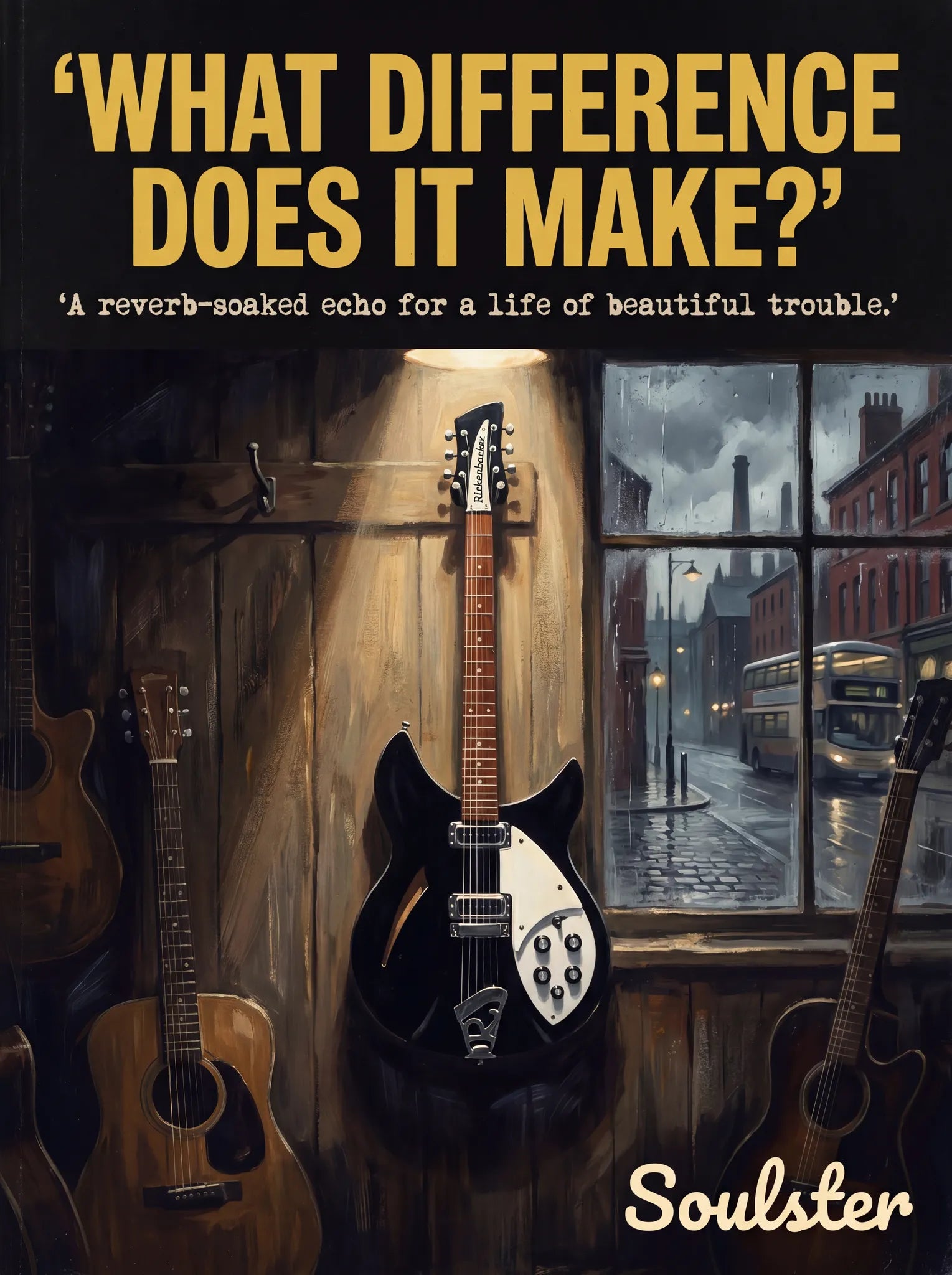 Soulster Manchester Edition wall art print showing a cinematic pulp style design of a Rickenbacker 330 inspired by What Difference Does It Make?.