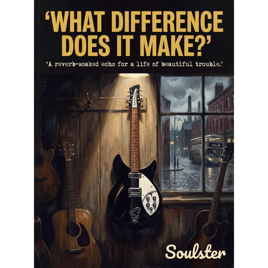 Soulster Manchester Edition wall art print showing a cinematic pulp style design of a Rickenbacker 330 inspired by What Difference Does It Make?.