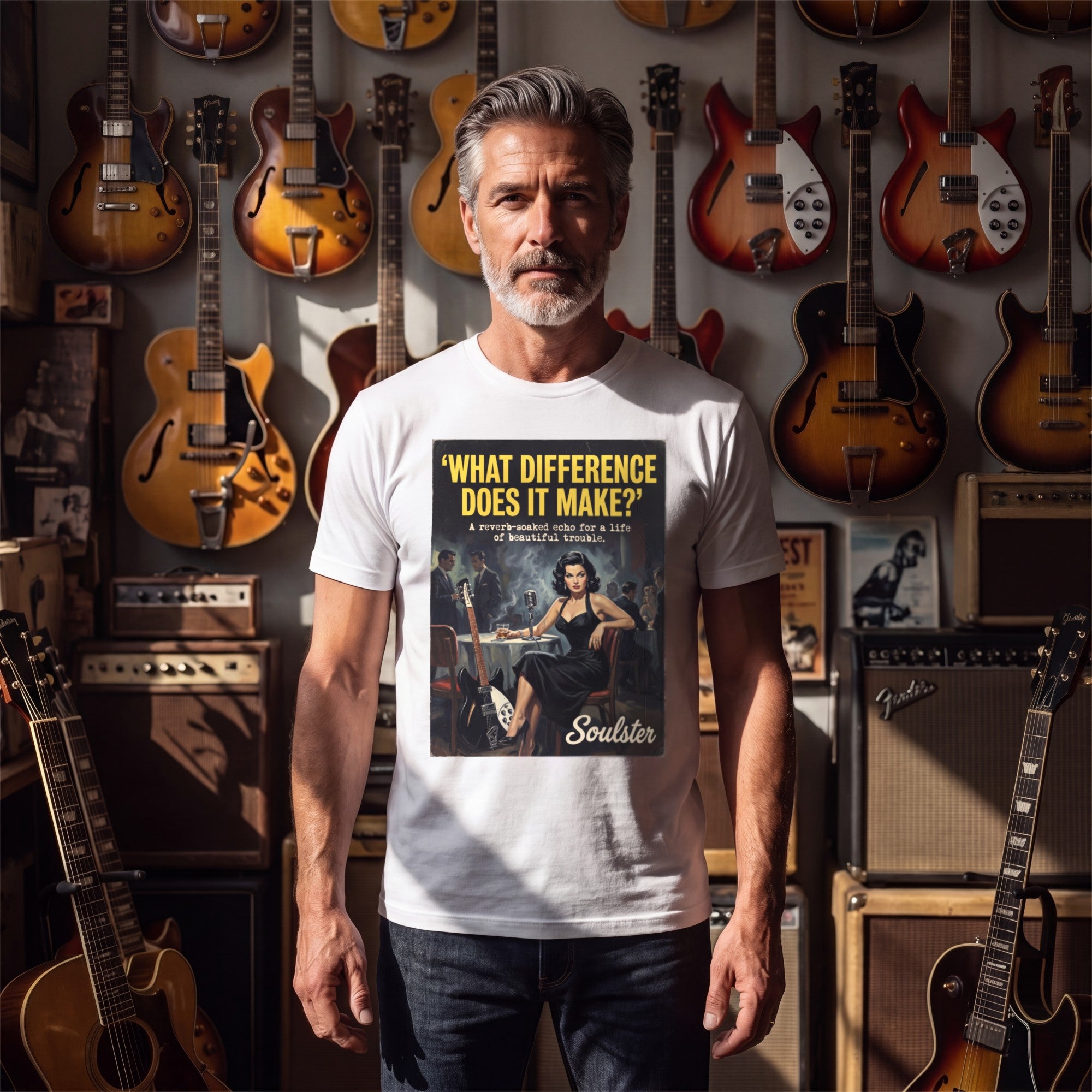 Man wearing the What Difference Does It Make T-Shirt - Film Noir Edition in a guitar shop in natural daylight.