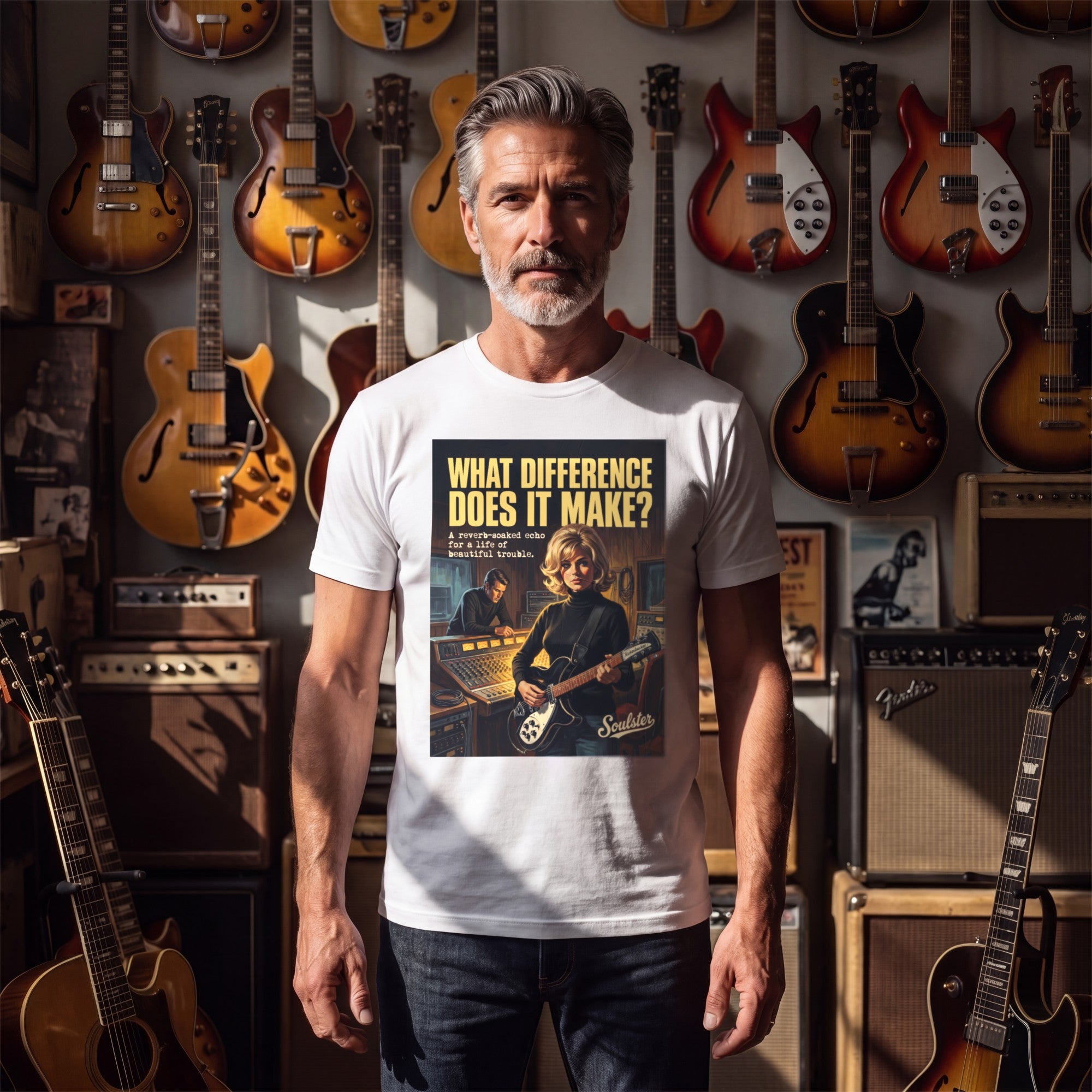 Man wearing the What Difference Does It Make T-Shirt - Studio Life Edition in a guitar shop in natural daylight.