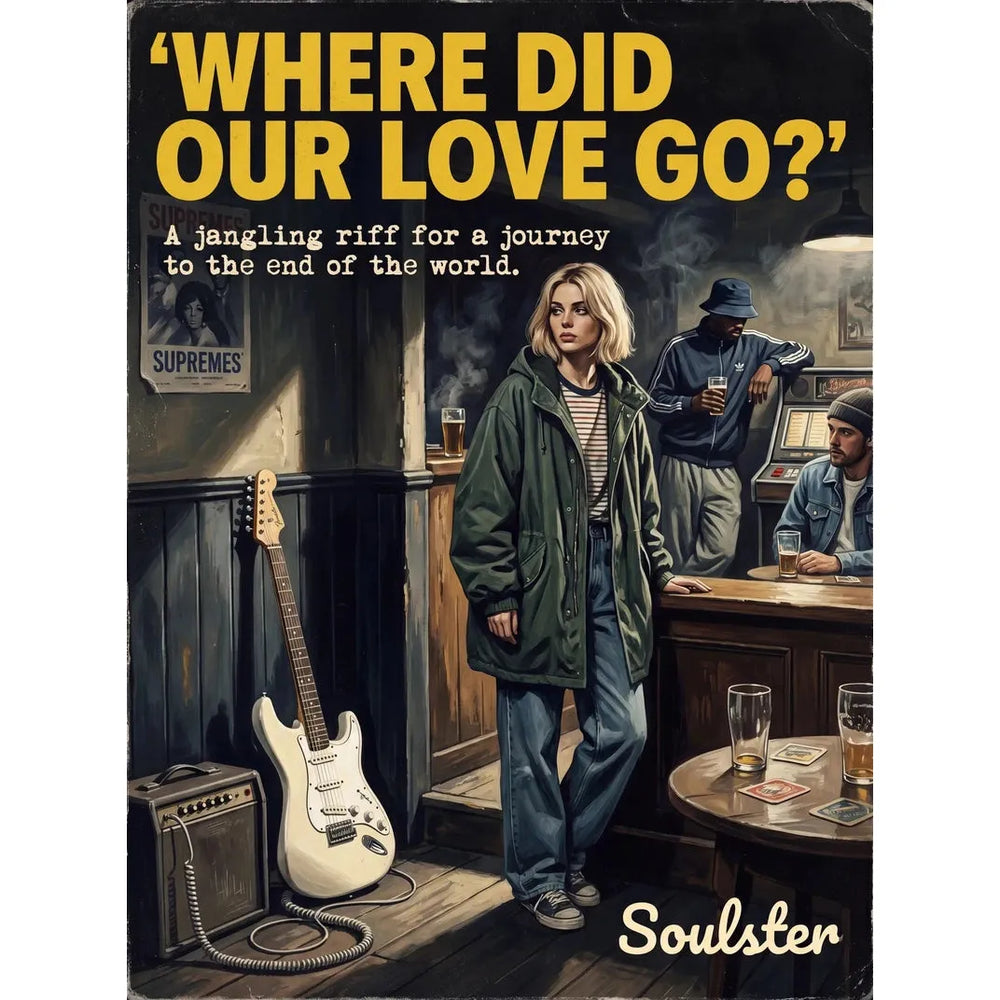 Soulster cinematic vintage pulp book cover art print illustration styled in a classic 1990s theme inspired by Where Did Our Love Go?.