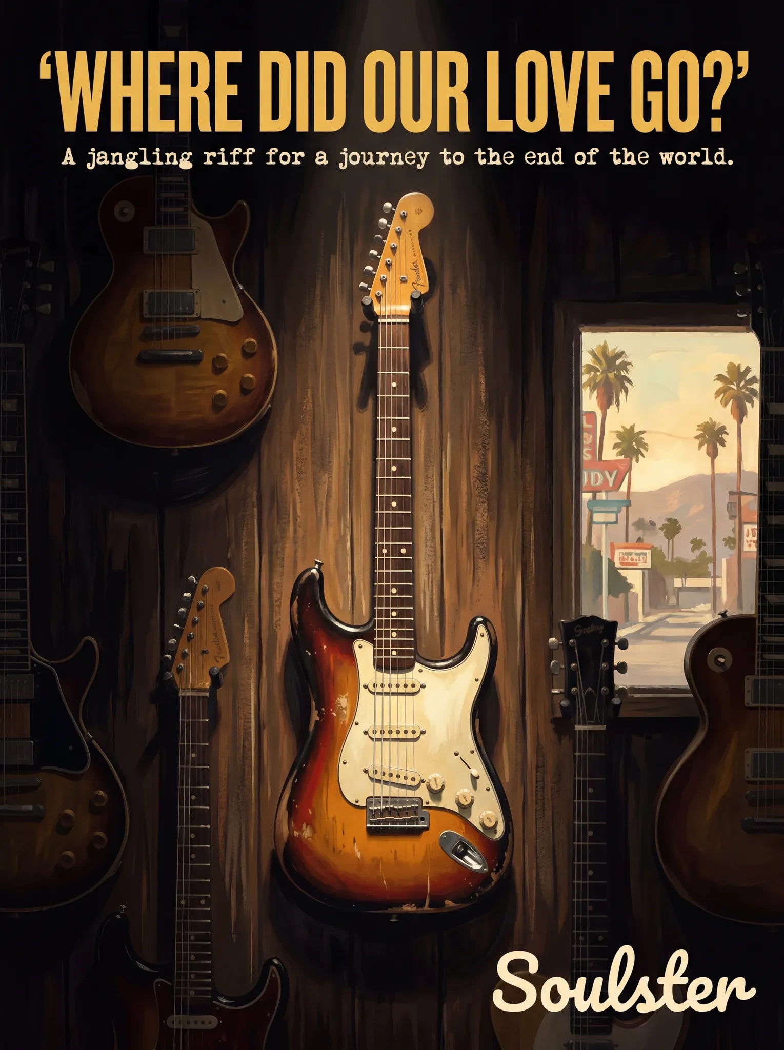 Soulster Manchester Edition wall art print showing a cinematic pulp style design of a Vintage Guitar inspired by Where Did Our Love Go? - Los Angeles.