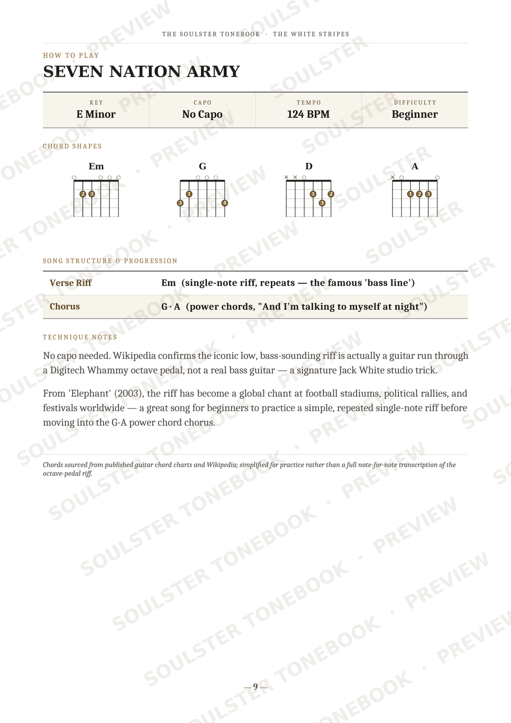 A guitar chord chart page for 'Seven Nation Army' by The White Stripes, showing four guitar neck diagrams for E Minor, G, D, and A chords, along with verse and chorus notation and lyrics.