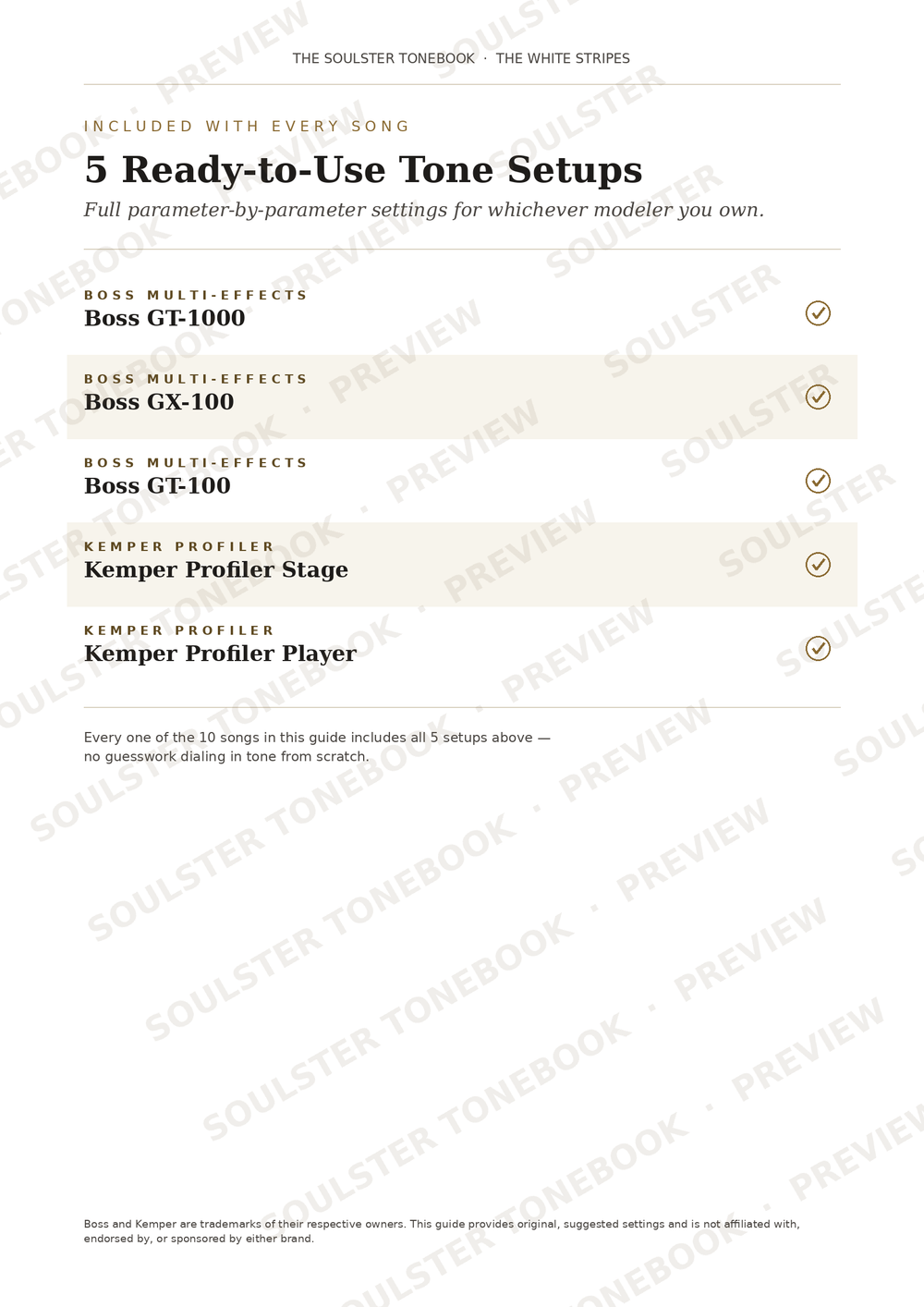A digital preview page from The Soulster Tonebook showing '5 Ready-to-Use Tone Setsups' with listed compatible gear such as Boss multi-effects units, Kemper profilers, and guitar models. The page has a white background with black text and a faint diagonal SOULSTER TONEBOOK PREVIEW watermark.