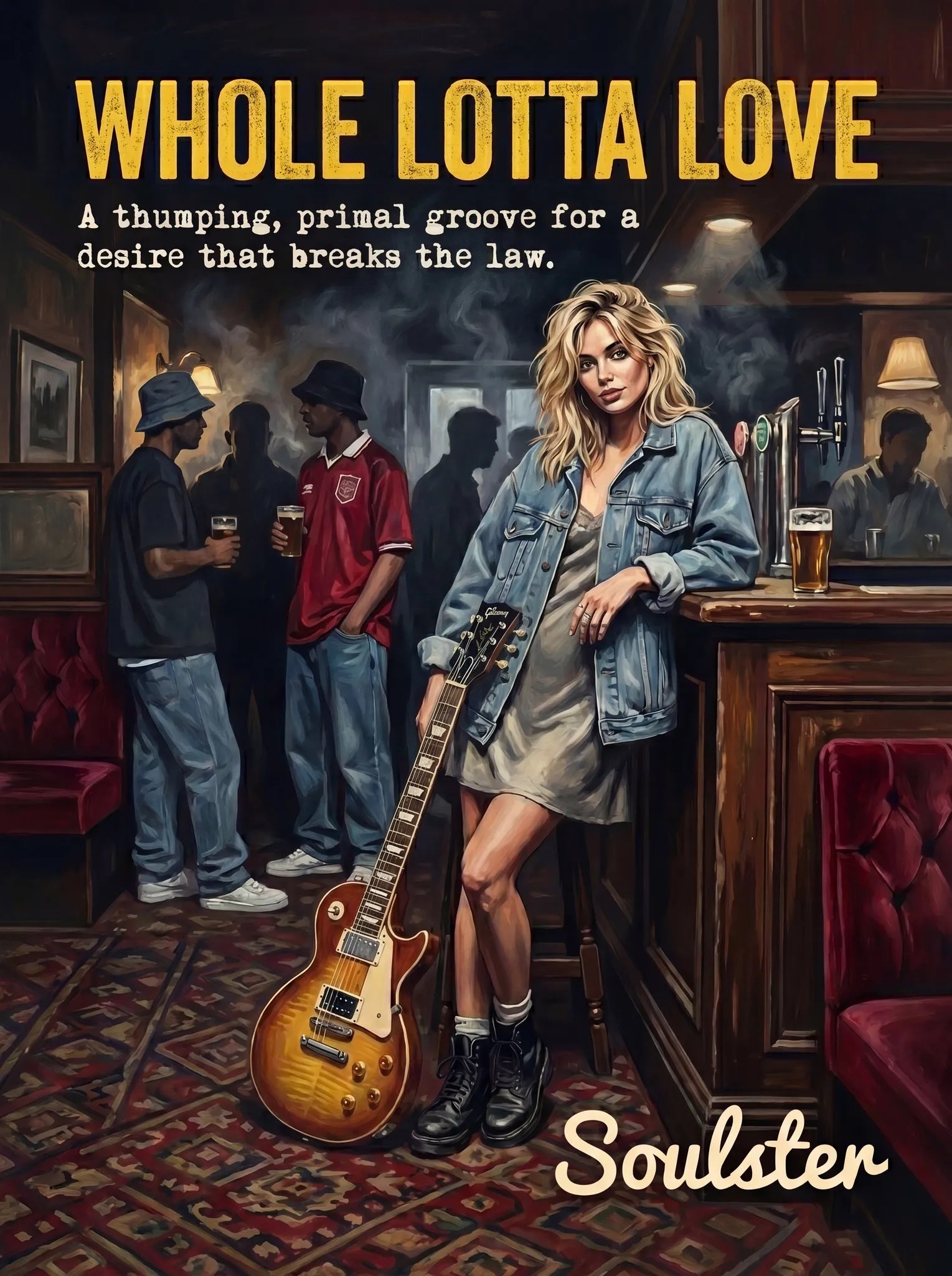 Soulster cinematic vintage pulp book cover art print illustration styled in a classic 1990s design layout inspired by Whole Lotta Love.