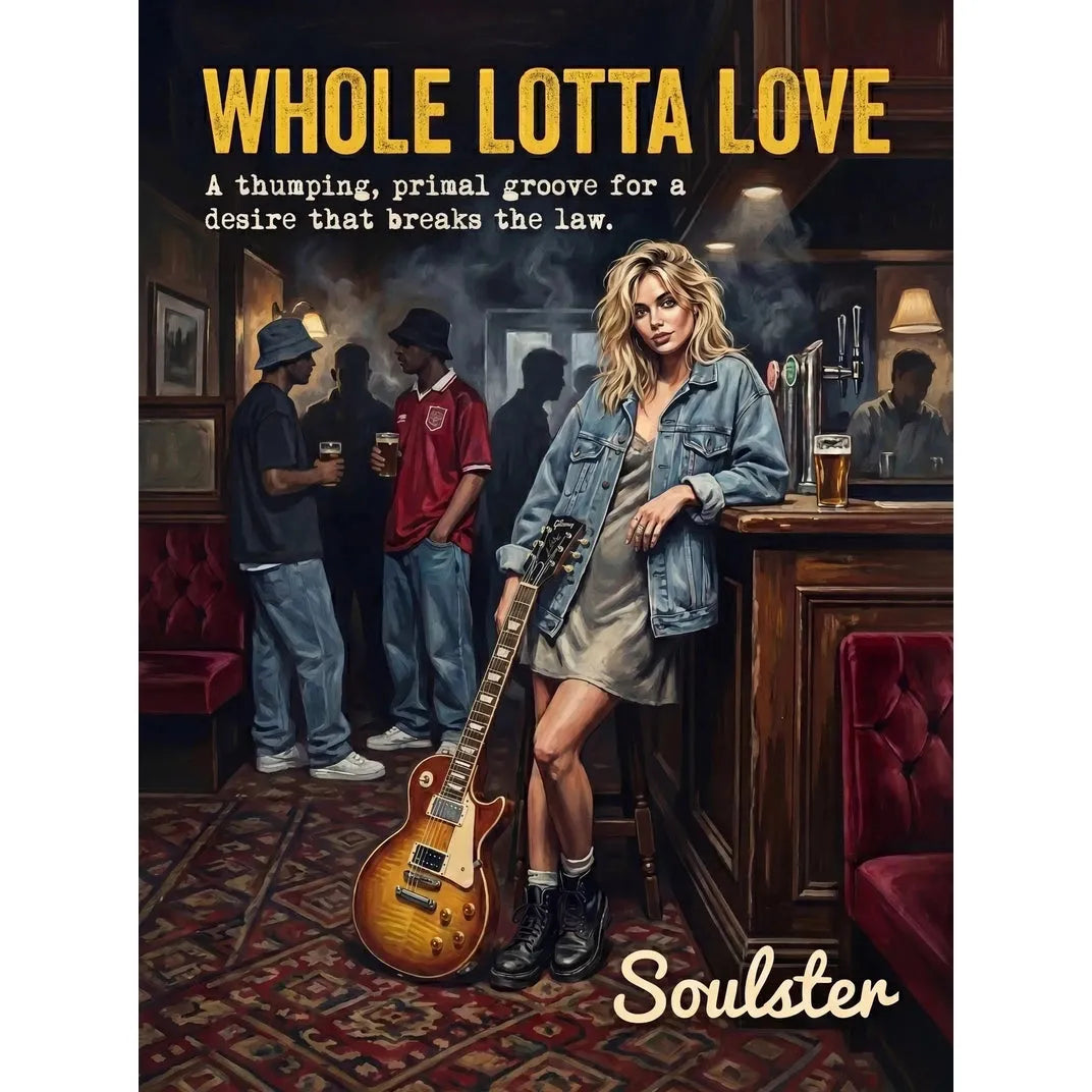 Soulster cinematic vintage pulp book cover art print illustration styled in a classic 1990s design layout inspired by Whole Lotta Love.