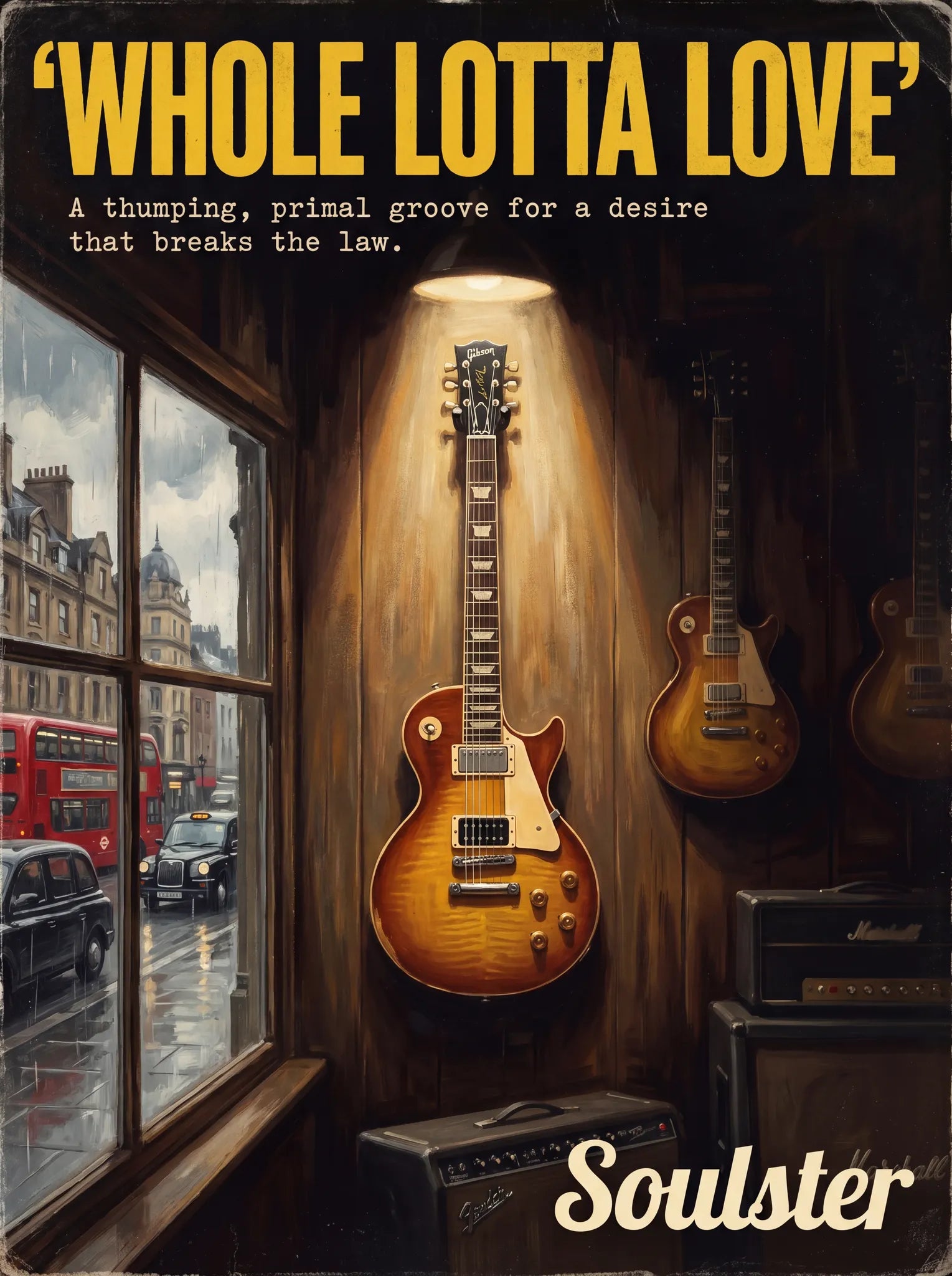 Soulster Manchester Edition wall art print showing a cinematic pulp style design of a Gibson Les Paul Standard inspired by Whole Lotta Love - London.