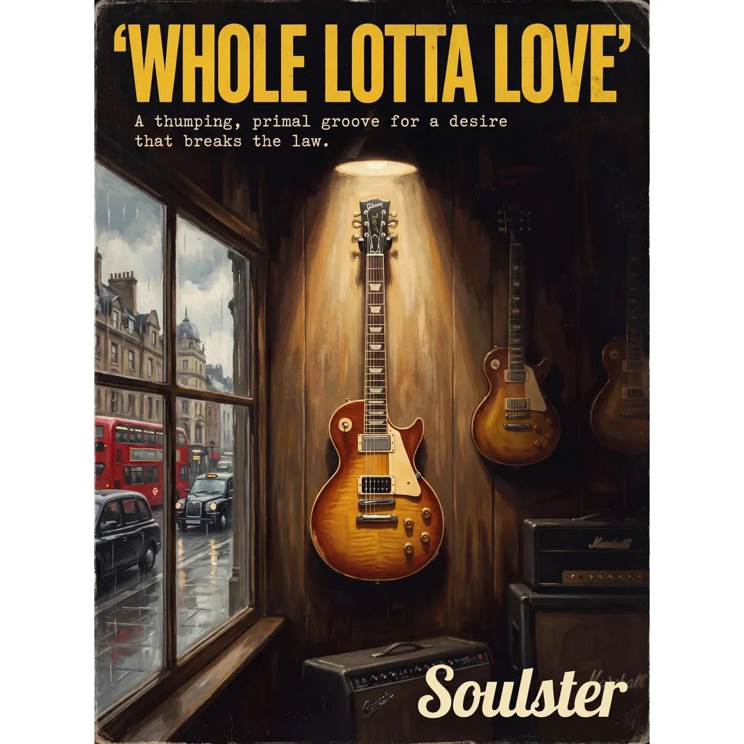 Soulster Manchester Edition wall art print showing a cinematic pulp style design of a Gibson Les Paul Standard inspired by Whole Lotta Love - London.