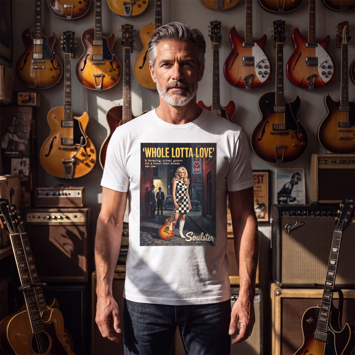 Man wearing the Whole Lotta Love T-Shirt - Paperback Edition in a guitar shop in natural daylight.
