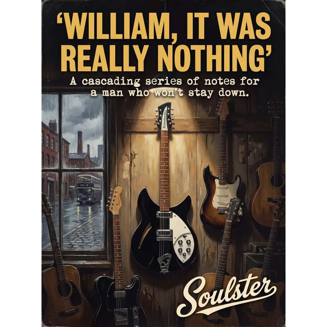Soulster Manchester Edition wall art print showing a cinematic pulp style design of a Rickenbacker 330 inspired by William, It Was Really Nothing.