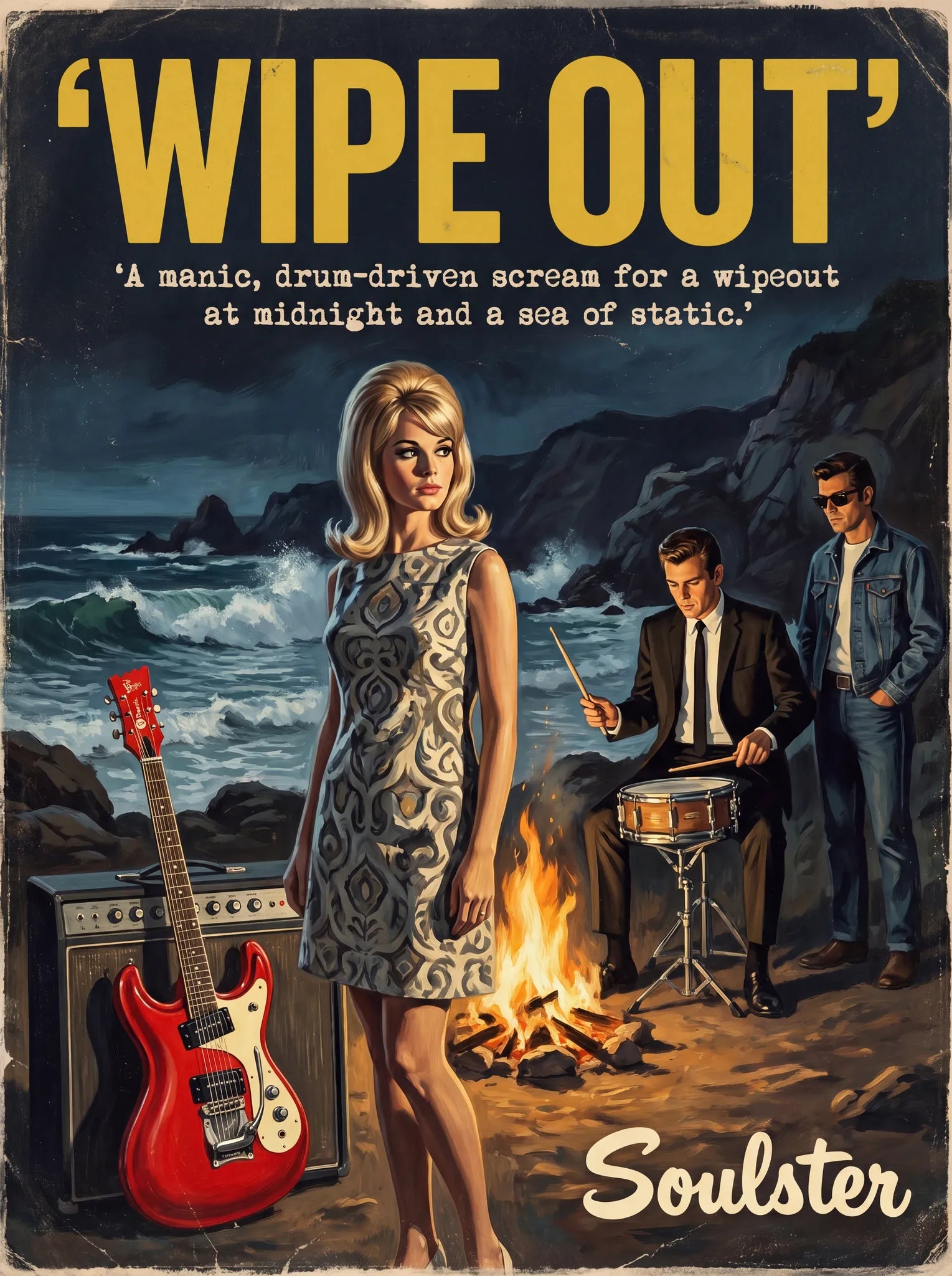 Soulster cinematic vintage pulp book cover art print illustration styled in a classic 1960s theme inspired by Wipe Out.
