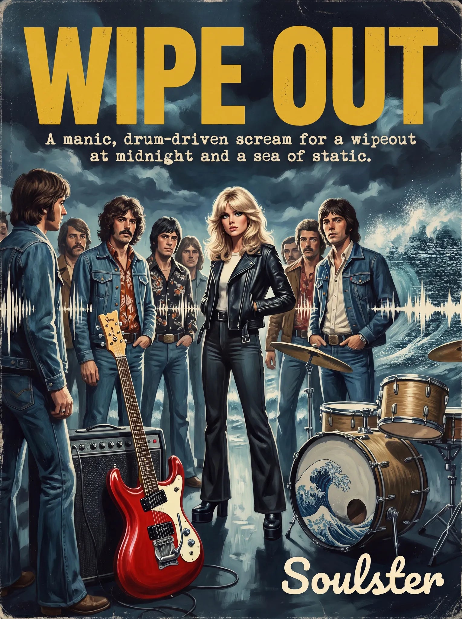 Soulster cinematic vintage pulp book cover art print illustration styled in a classic 1970s theme inspired by Wipe Out.