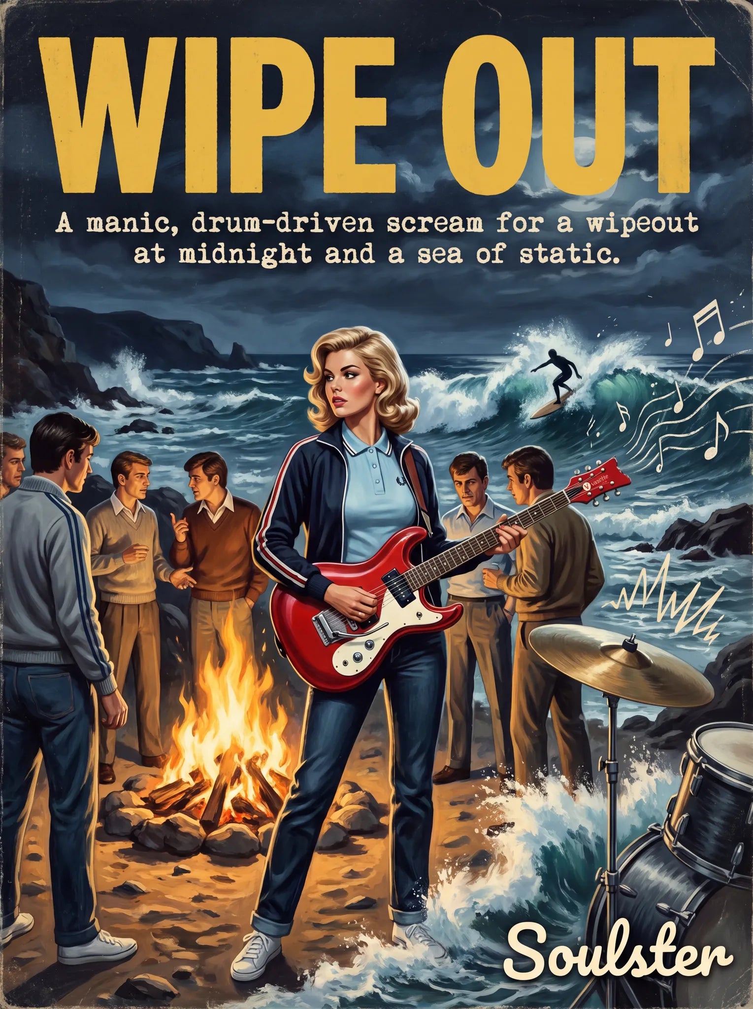 Soulster retro pulp thriller book cover style art print illustration inspired by Alternative Indie - Wipe Out.