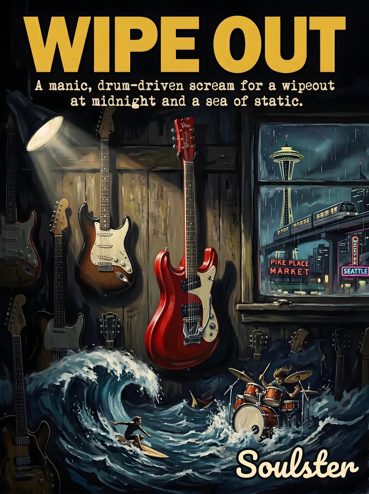 Soulster Manchester Edition wall art print showing a cinematic pulp style design of a Vintage Guitar inspired by Wipe Out - Seattle.