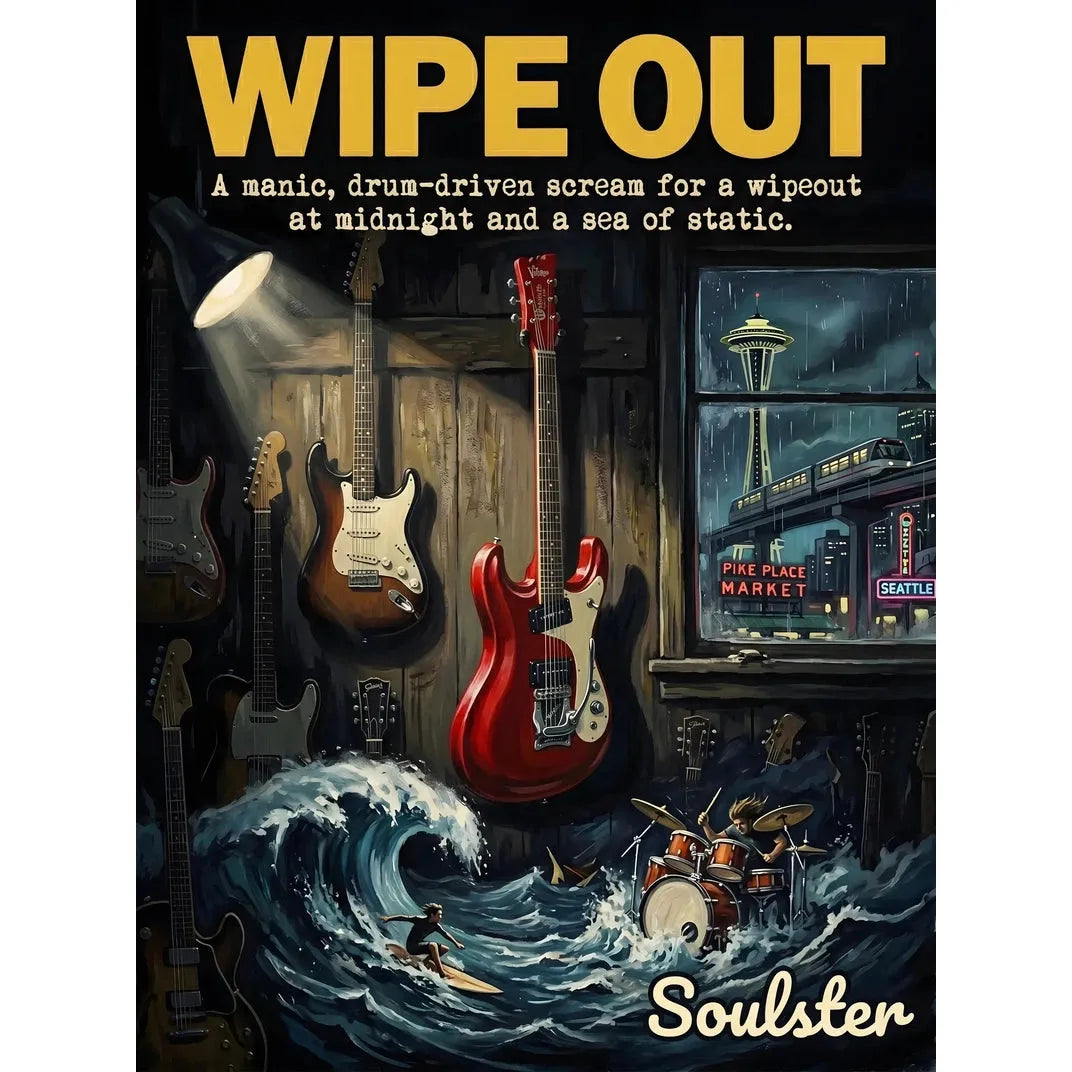 Soulster Manchester Edition wall art print showing a cinematic pulp style design of a Vintage Guitar inspired by Wipe Out - Seattle.