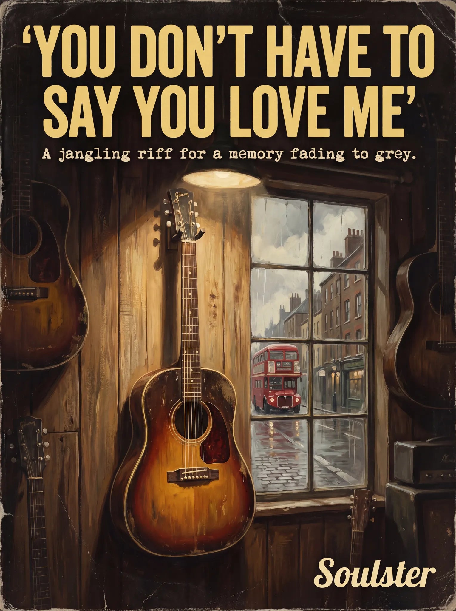 Soulster Manchester Edition wall art print showing a cinematic pulp style design of a Vintage Guitar inspired by You Don't Have To Say You Love Me - London.
