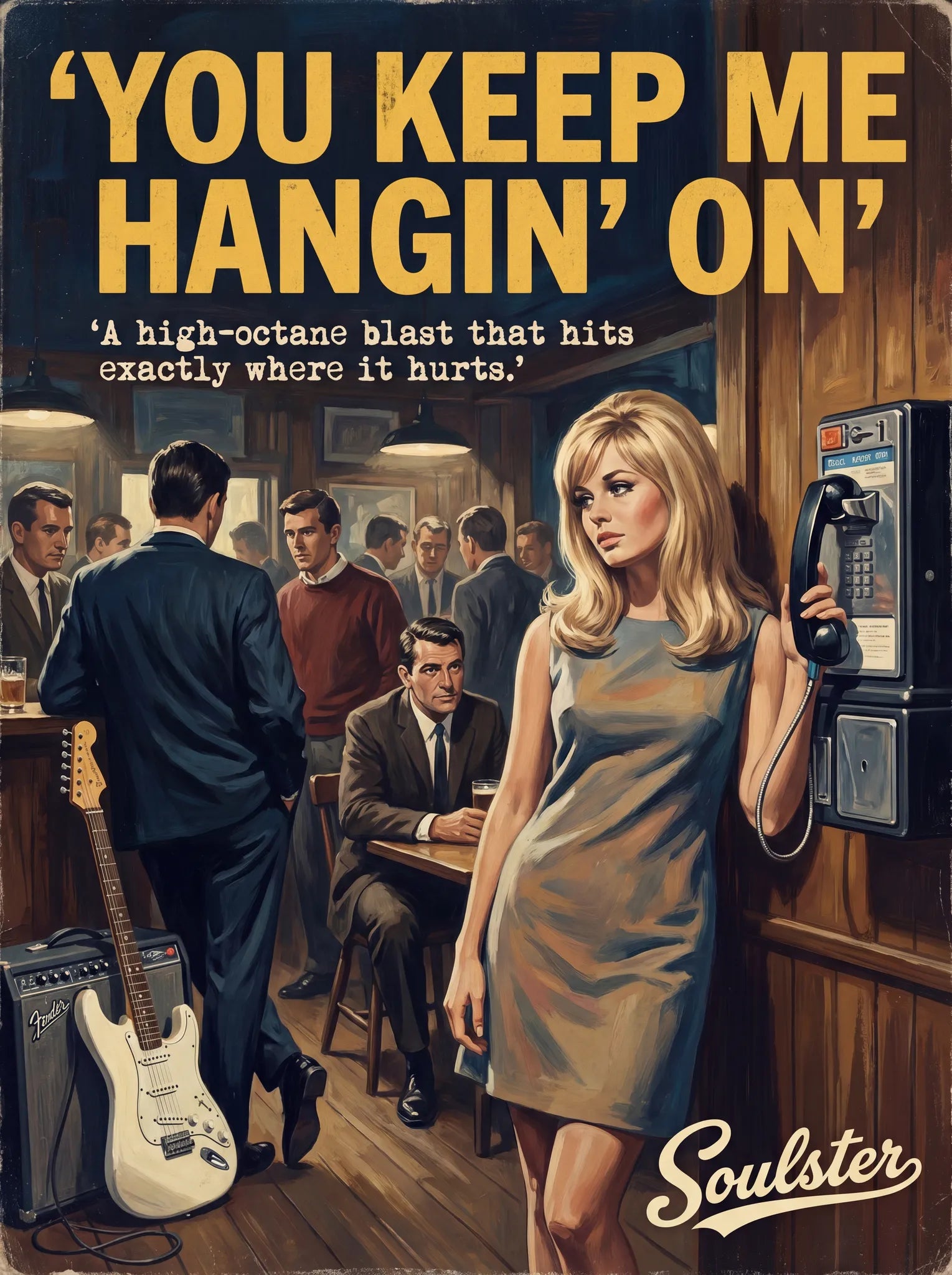 Soulster cinematic vintage pulp book cover art print illustration styled in a classic 1960s theme inspired by You Keep Me Hangin' On.