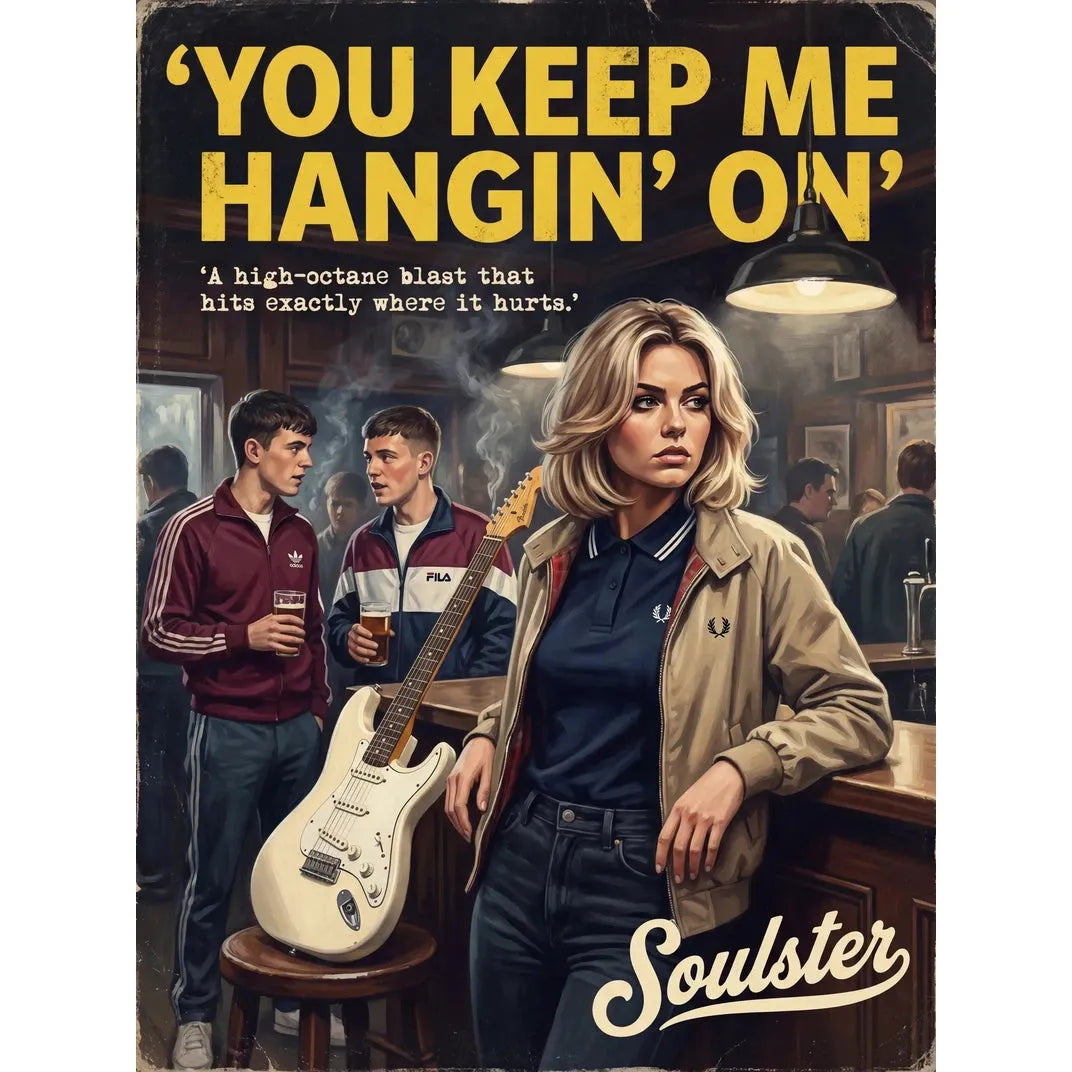 Soulster retro pulp thriller book cover style art print illustration inspired by Alternative Indie - You Keep Me Hangin' On.