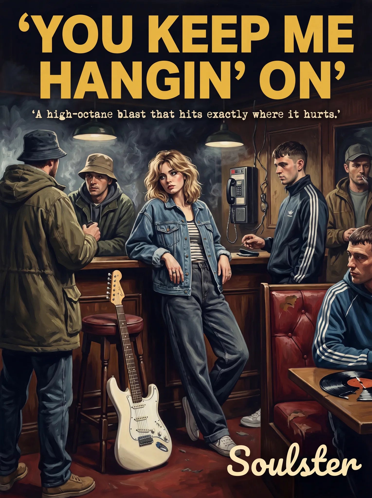 Soulster cinematic vintage pulp book cover art print illustration styled in a classic 1990s theme inspired by You Keep Me Hangin' On.