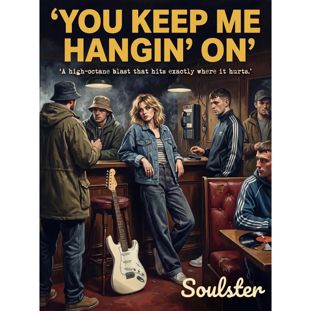 Soulster cinematic vintage pulp book cover art print illustration styled in a classic 1990s theme inspired by You Keep Me Hangin' On.