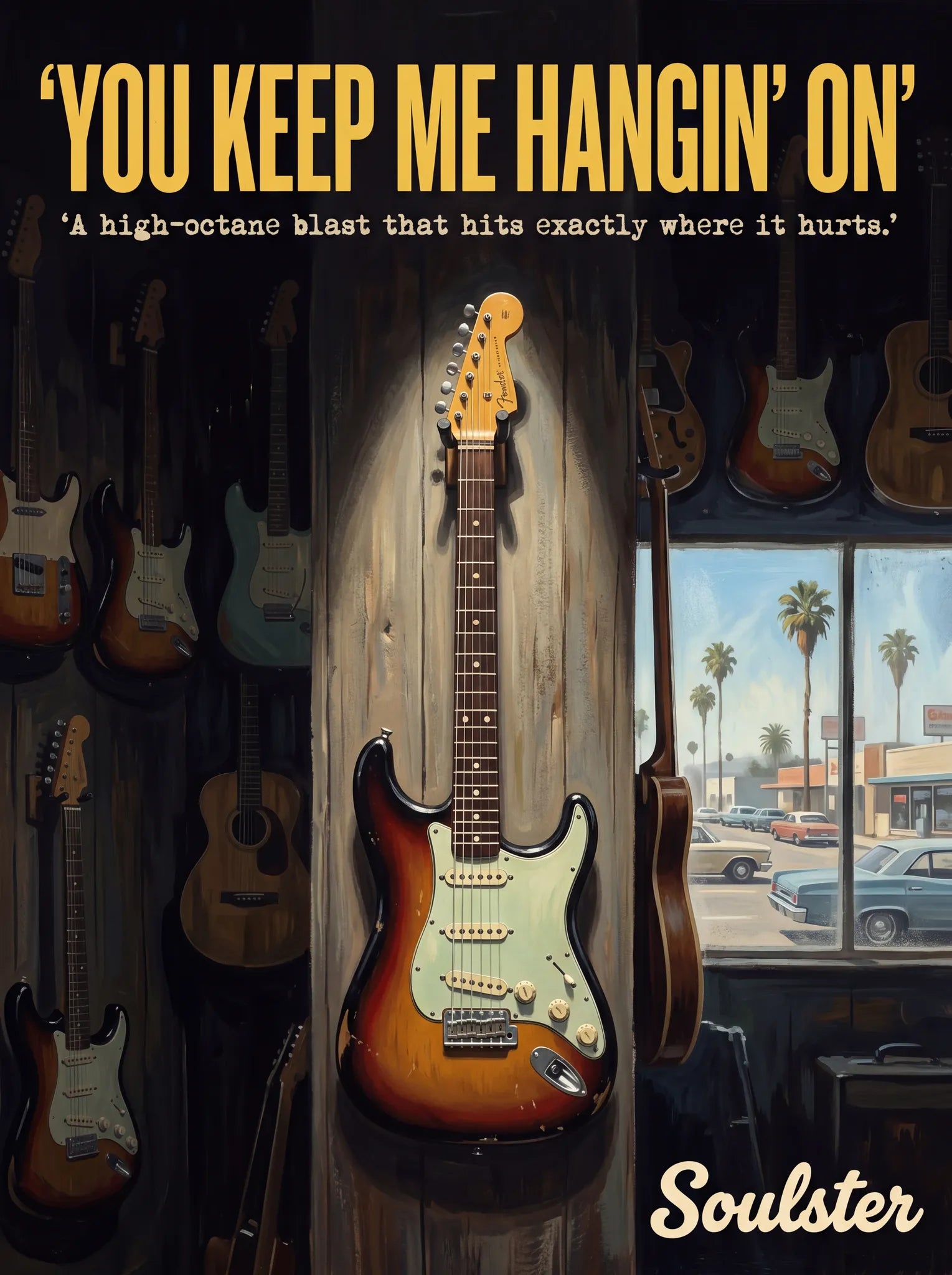 Soulster Manchester Edition wall art print showing a cinematic pulp style design of a Vintage Guitar inspired by You Keep Me Hangin' On - Los Angeles.