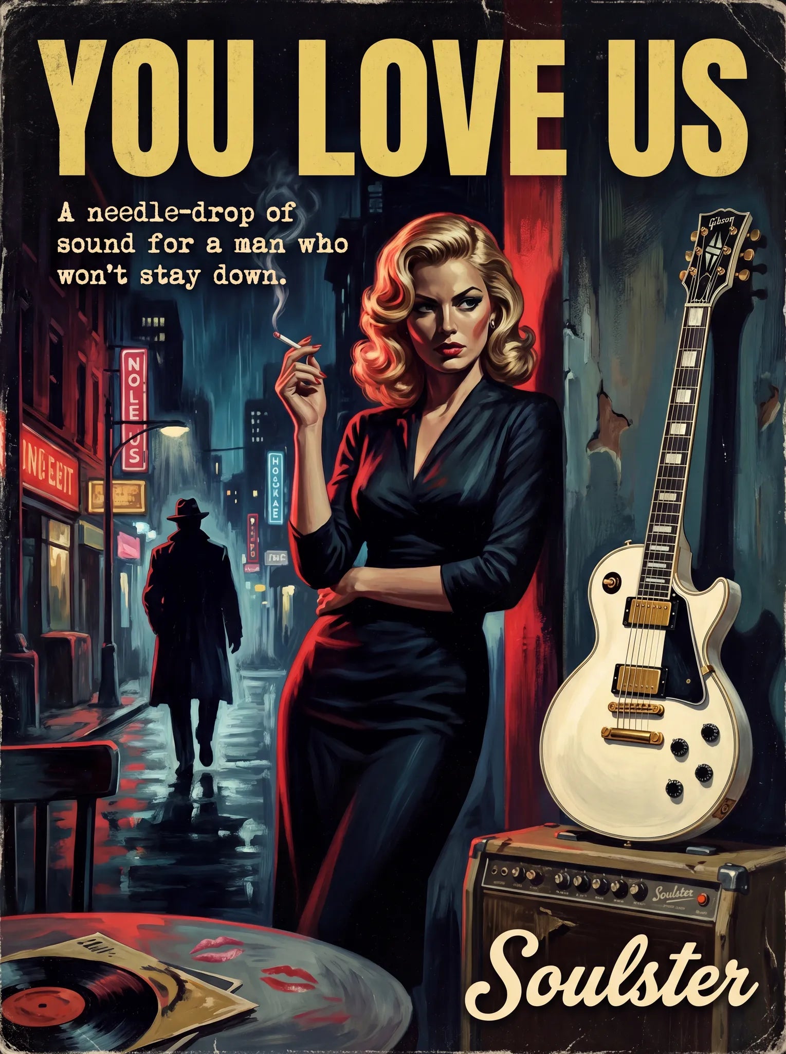 Soulster cinematic vintage pulp book cover art print illustration styled in a classic 1950s design layout inspired by You Love Us.