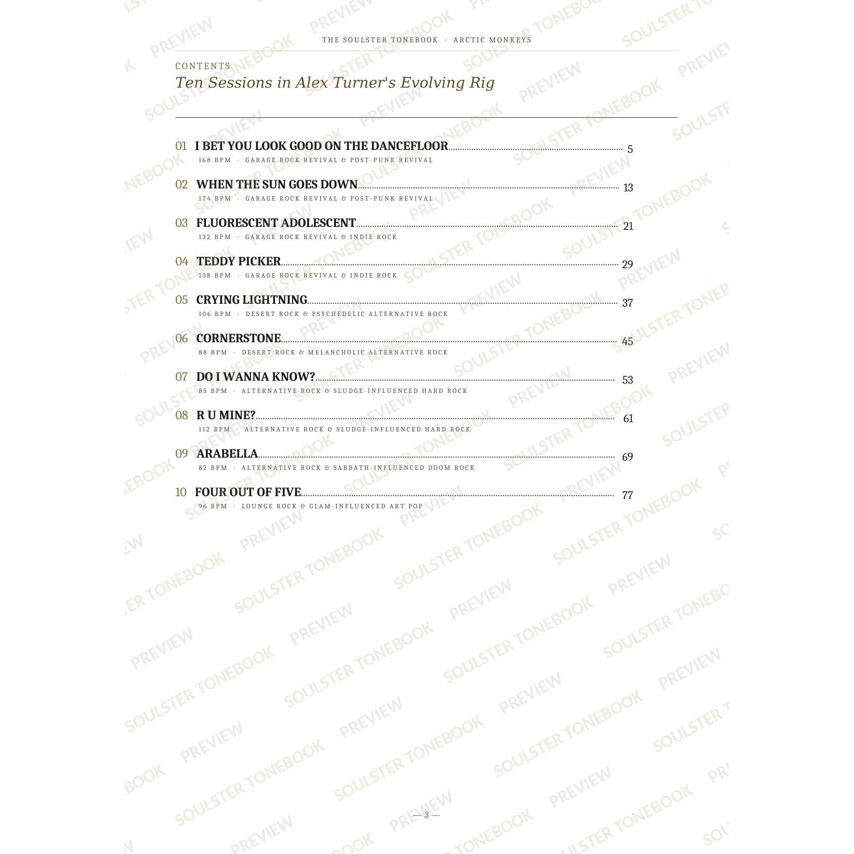 Contents page from the Arctic Monkeys Soulster Tonebook, listing all 10 songs with their tempos, genre tags and page numbers in a gold-and-black serif layout. A faint diagonal 'Soulster Tonebook · Preview' watermark repeats across the page.