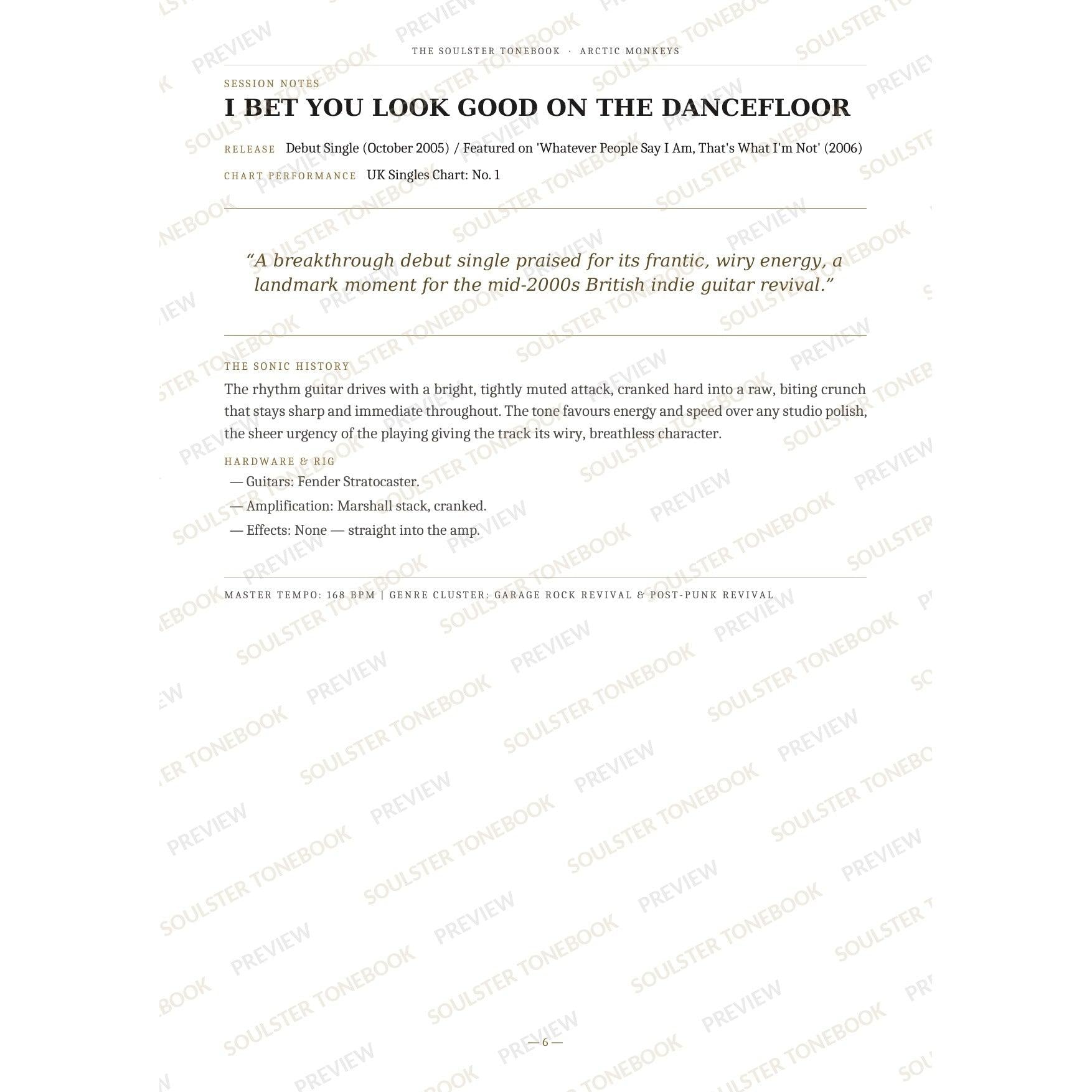 Session-notes page for 'I Bet You Look Good on the Dancefloor' in the Arctic Monkeys Soulster Tonebook, with the track's release and chart history, a summary quote, a short 'sonic history' write-up and the hardware and rig used. A faint diagonal 'Soulster Tonebook · Preview' watermark repeats across the page.