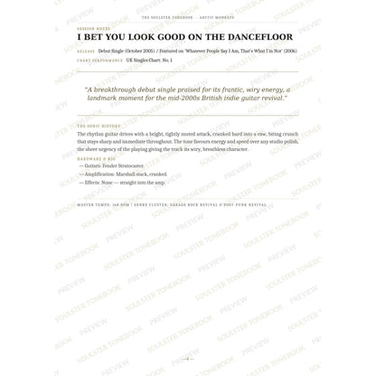 Session-notes page for 'I Bet You Look Good on the Dancefloor' in the Arctic Monkeys Soulster Tonebook, with the track's release and chart history, a summary quote, a short 'sonic history' write-up and the hardware and rig used. A faint diagonal 'Soulster Tonebook · Preview' watermark repeats across the page.