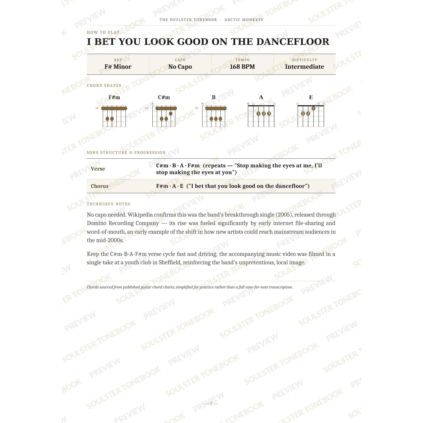 How-to-play page for 'I Bet You Look Good on the Dancefloor' by Arctic Monkeys, showing the key, capo, tempo and difficulty, printed chord-shape diagrams, a song-structure and chord-progression breakdown and technique notes — chord charts only, no lyrics or notation. A faint diagonal 'Soulster Tonebook · Preview' watermark repeats across the page.