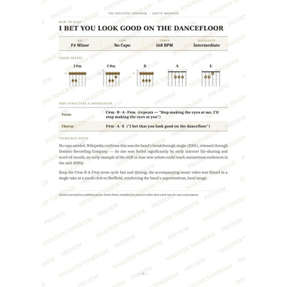 How-to-play page for 'I Bet You Look Good on the Dancefloor' by Arctic Monkeys, showing the key, capo, tempo and difficulty, printed chord-shape diagrams, a song-structure and chord-progression breakdown and technique notes — chord charts only, no lyrics or notation. A faint diagonal 'Soulster Tonebook · Preview' watermark repeats across the page.