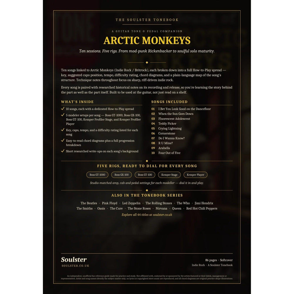 Back cover of the Arctic Monkeys Soulster Tonebook — a dark, gold-trimmed design with the title and tagline, a 'what's inside' list, the full 10-song track list, the five modeller rigs and other titles in the Soulster Tonebook series.