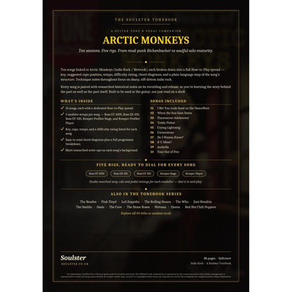 Back cover of the Arctic Monkeys Soulster Tonebook — a dark, gold-trimmed design with the title and tagline, a 'what's inside' list, the full 10-song track list, the five modeller rigs and other titles in the Soulster Tonebook series.