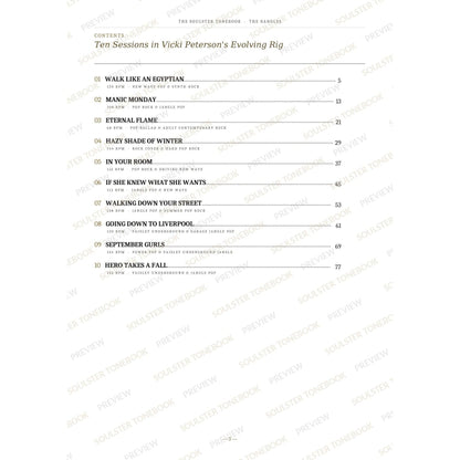 Contents page from The Bangles Soulster Tonebook, listing all 10 songs with their tempos, genre tags and page numbers in a gold-and-black serif layout. A faint diagonal 'Soulster Tonebook · Preview' watermark repeats across the page.