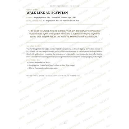 Session-notes page for 'Walk Like an Egyptian' in The Bangles Soulster Tonebook, with the track's release and chart history, a summary quote, a short 'sonic history' write-up and the hardware and rig used. A faint diagonal 'Soulster Tonebook · Preview' watermark repeats across the page.