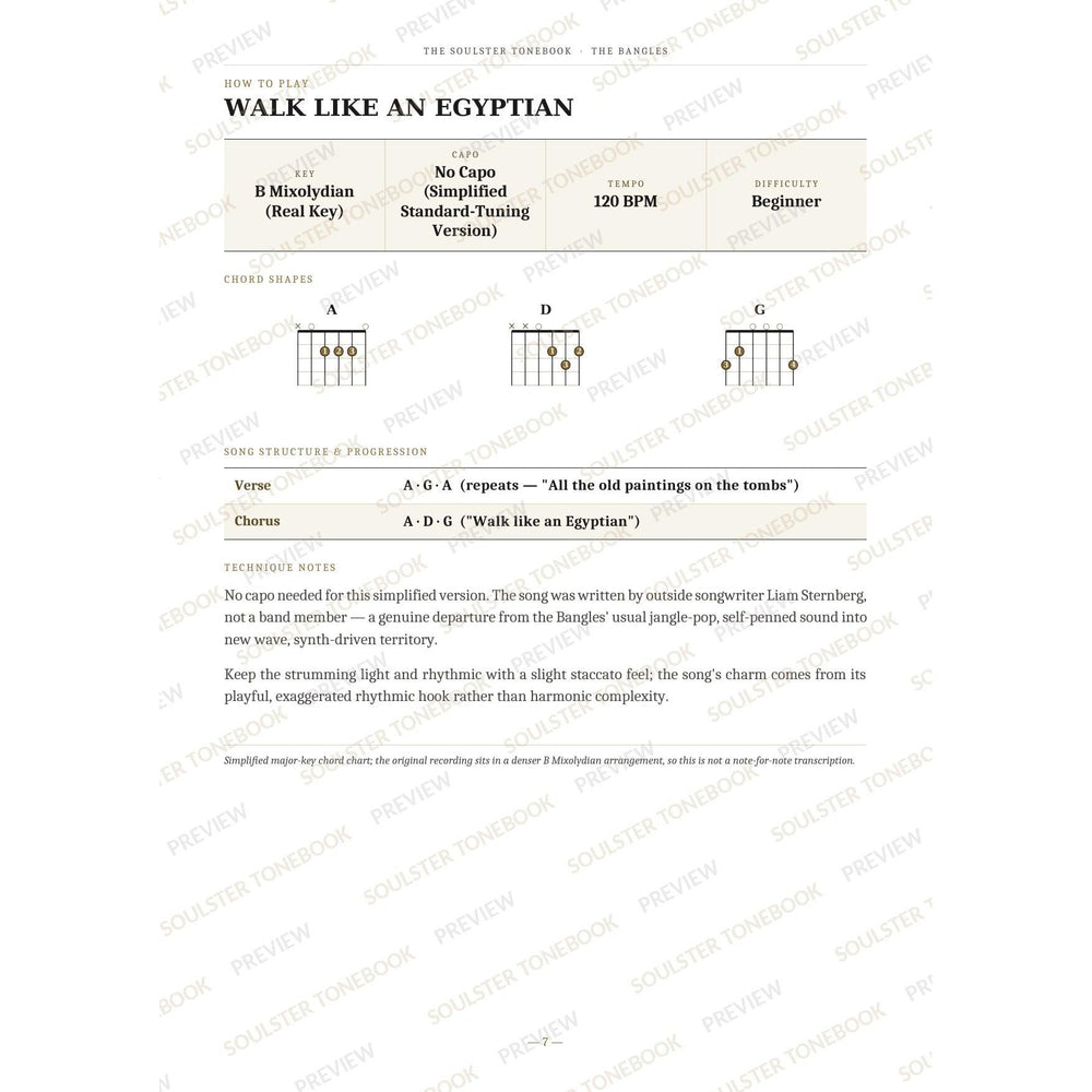 How-to-play page for 'Walk Like an Egyptian' by The Bangles, showing the key, capo, tempo and difficulty, printed chord-shape diagrams, a song-structure and chord-progression breakdown and technique notes — chord charts only, no lyrics or notation. A faint diagonal 'Soulster Tonebook · Preview' watermark repeats across the page.